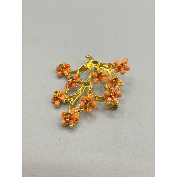 Vintage Gold Tone Floral Brooch with Coral & Citrine Gemstone Chips Twig Branch - Picture 4 of 7